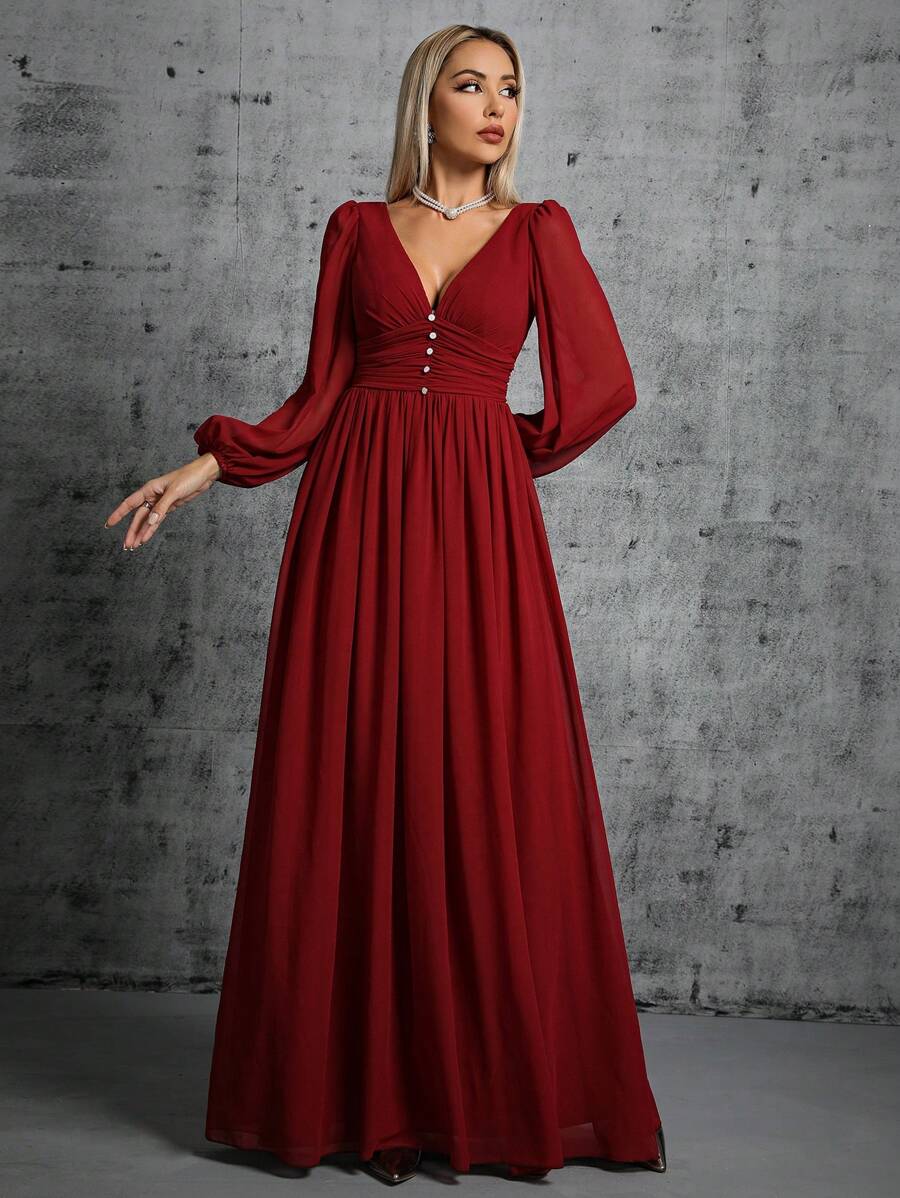 Lantern Sleeve Ruched Chiffon Bridesmaid Dress - Burgundy - View 1