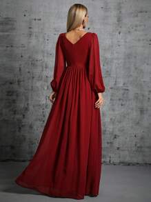 Lantern Sleeve Ruched Chiffon Bridesmaid Dress - Burgundy - View 2
