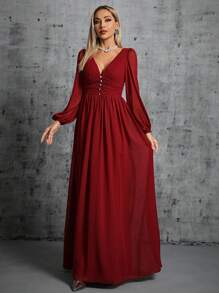 Lantern Sleeve Ruched Chiffon Bridesmaid Dress - Burgundy - View 3