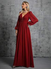 Lantern Sleeve Ruched Chiffon Bridesmaid Dress - Burgundy - View 4