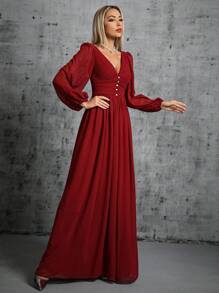 Lantern Sleeve Ruched Chiffon Bridesmaid Dress - Burgundy - View 5