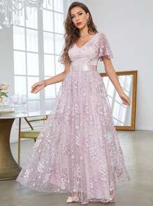 Butterfly Sleeve Lace Bridesmaid Dress - Baby Pink - View 3