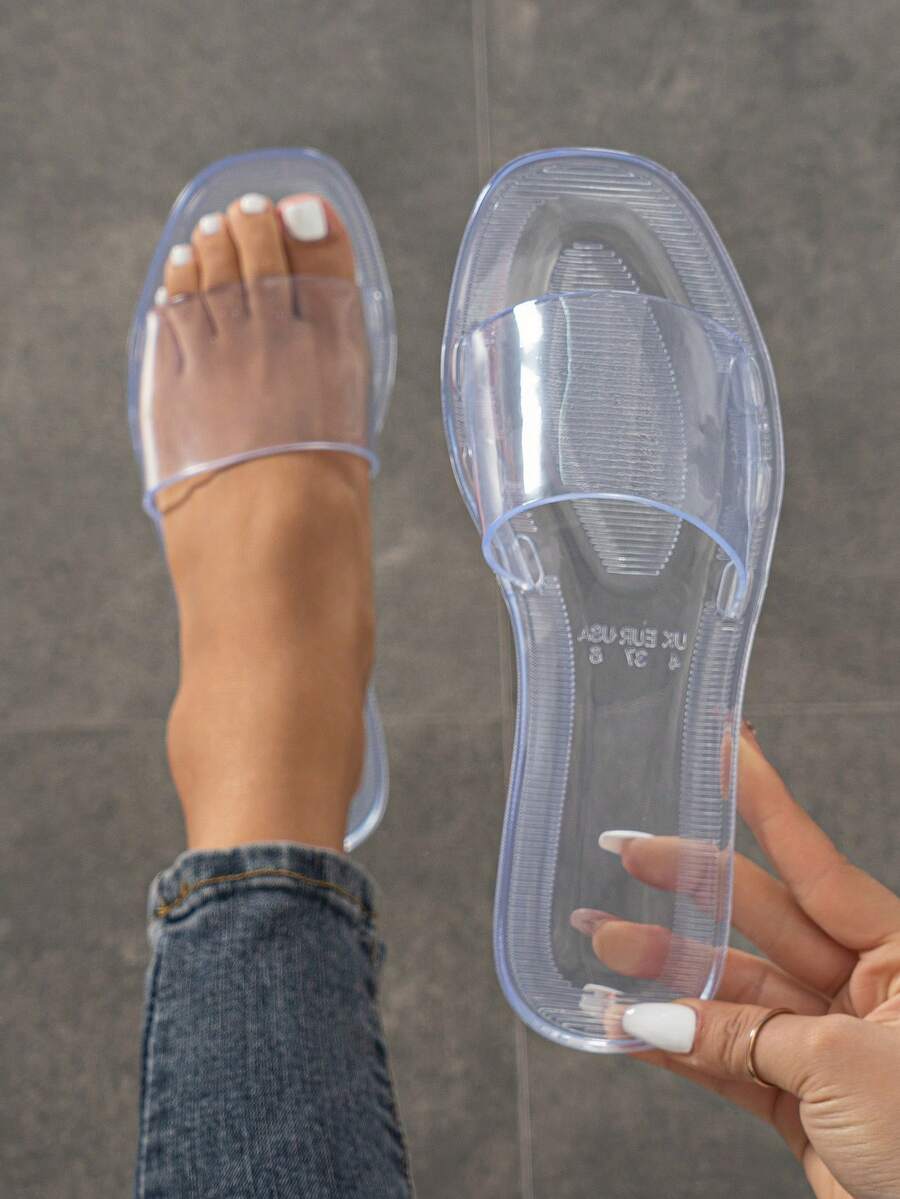Women Clear Band Slides, PVC Fashion Slides - Clear - View 1