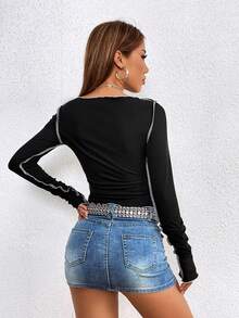 Gothic Valentine  Knitted Skull Print Long T-Shirt - Black - View 2