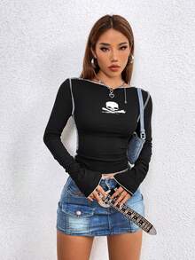 Gothic Valentine  Knitted Skull Print Long T-Shirt - Black - View 6