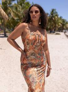 SHEIN VCAY Plus Allover Floral Print Tie Front Split Thigh Cami Dress - Multicolor - View 5