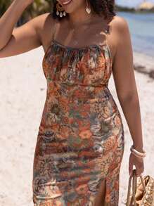 SHEIN VCAY Plus Allover Floral Print Tie Front Split Thigh Cami Dress - Multicolor - View 6