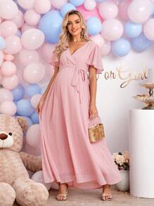 Loomaby Elegant Solid Color Dress For Pregnant Women, Baby Shower