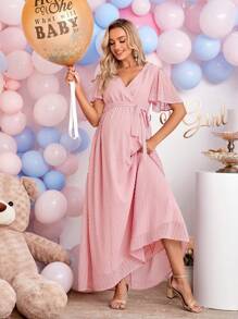 Loomaby Elegant Solid Color Dress For Pregnant Women, Baby Shower