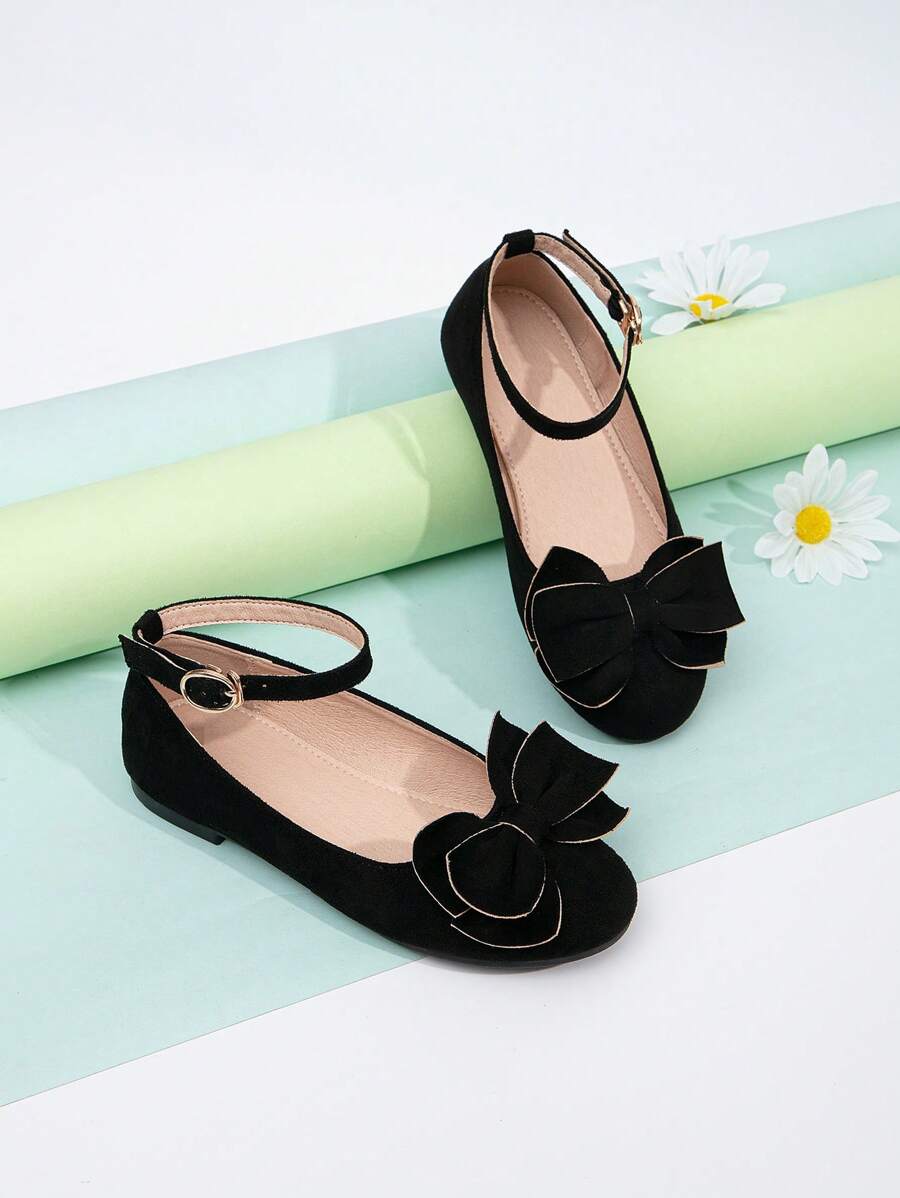 1pair Girls Bow Decor Round Toe Ankle Strap Ballet Flats - Black - View 1
