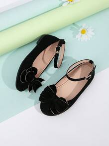 1pair Girls Bow Decor Round Toe Ankle Strap Ballet Flats - Black - View 2