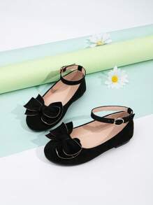 1pair Girls Bow Decor Round Toe Ankle Strap Ballet Flats - Black - View 5
