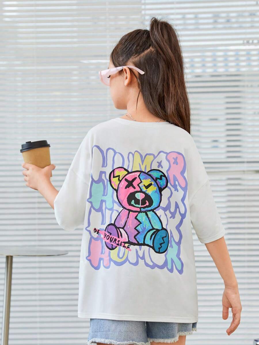 SHEIN 青少女寬鬆休閒卡通泰迪熊圖案圓領短袖T卹，垂肩設計 - 白色 - 查看 1