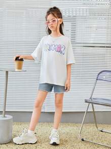 SHEIN 青少女寬鬆休閒卡通泰迪熊圖案圓領短袖T卹，垂肩設計 - 白色 - 查看 6