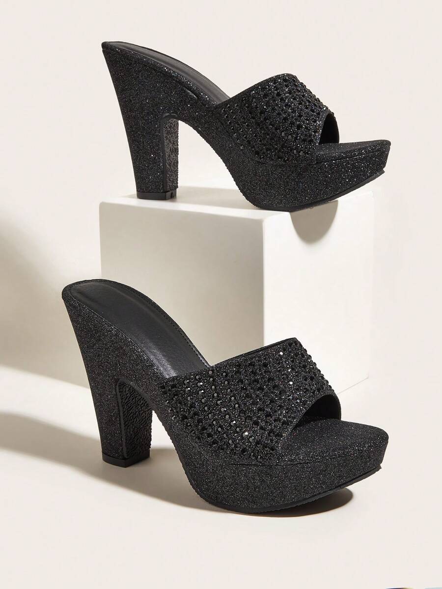 Women Glitter Rhinestone Decor Mule Sandals, Chunky Heeled Glamorous Sandals Valentines