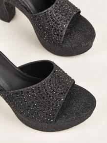 Women Glitter Rhinestone Decor Mule Sandals, Chunky Heeled Glamorous Sandals Valentines