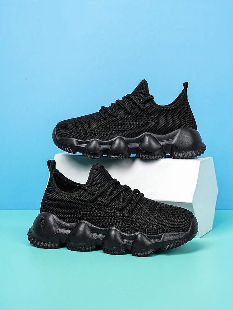 Boys Solid Lace Up Breathable Fabric Running Shoes For Outdoor - Black - View 3