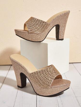 Women Glitter Rhinestone Decor Mule Sandals, Chunky Heeled Glamorous Sandals