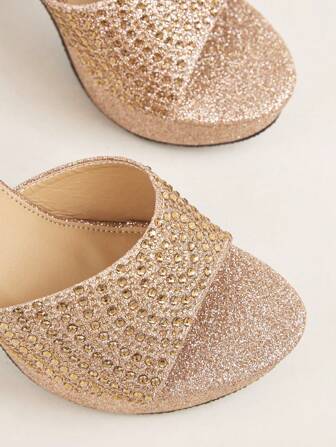 女士閃光水鑽裝飾穆勒粗跟魅力四射涼鞋