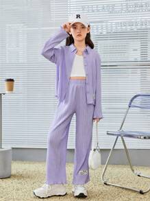 SHEIN 未附背心的少女字母拼接衣服和褲子 - 紫丁香色 - 查看 3