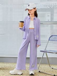 SHEIN 未附背心的少女字母拼接衣服和褲子 - 紫丁香色 - 查看 4