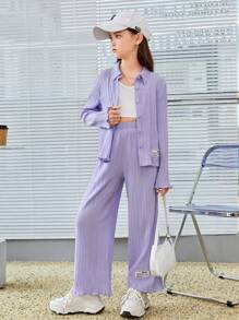 SHEIN 未附背心的少女字母拼接衣服和褲子 - 紫丁香色 - 查看 5