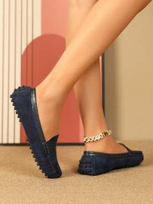 女士極簡一腳蹬仿麂皮時尚平底鞋 - 寶藍色 - 查看 2