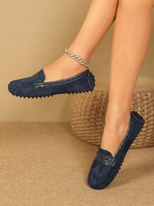 女士極簡一腳蹬仿麂皮時尚平底鞋 - 寶藍色 - 查看 4