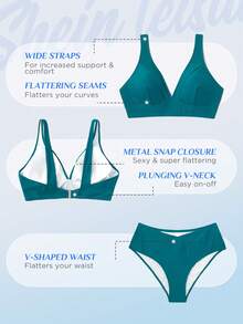 SHEIN Swim Curve Plus Size Solid High Waisted Bikini Set Summer Beach - Teal Blue - View 4
