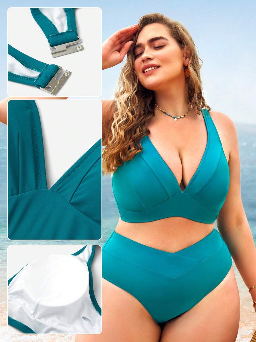 SHEIN Swim Curve Plus Size Solid High Waisted Bikini Set Summer Beach - Teal Blue - View 1