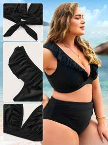 SHEIN Swim Curve 大尺碼波浪邊口紅比基尼設置夏季海灘 - 黑色 - 查看 5