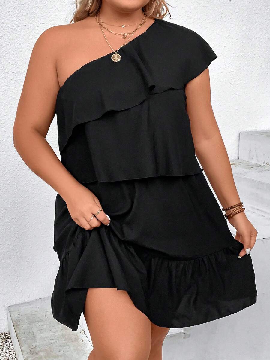 SHEIN Clasi Vestido de un hombro ribete con fruncido - Negro - Ver 1