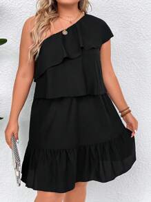 SHEIN Clasi Vestido de un hombro ribete con fruncido - Negro - Ver 5