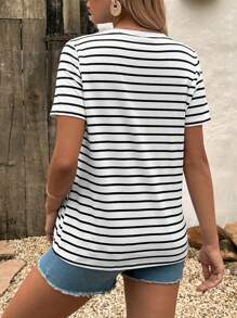 SHEIN Maternity Nursing Striped Wrap Hem Tee - Black and White - View 2