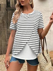 SHEIN Maternity Nursing Striped Wrap Hem Tee - Black and White - View 4