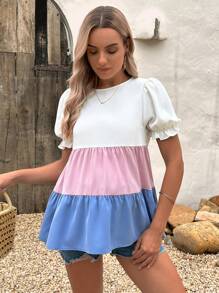 SHEIN Maternity Colourblock Puff Sleeve Peplum Blouse - Multicolor - View 1