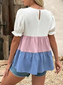 SHEIN Maternity Colourblock Puff Sleeve Peplum Blouse - Multicolor - View 2