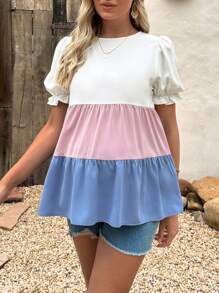 SHEIN Maternity Colourblock Puff Sleeve Peplum Blouse - Multicolor - View 4