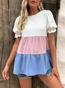 SHEIN Maternity Colourblock Puff Sleeve Peplum Blouse - Multicolor - View 5