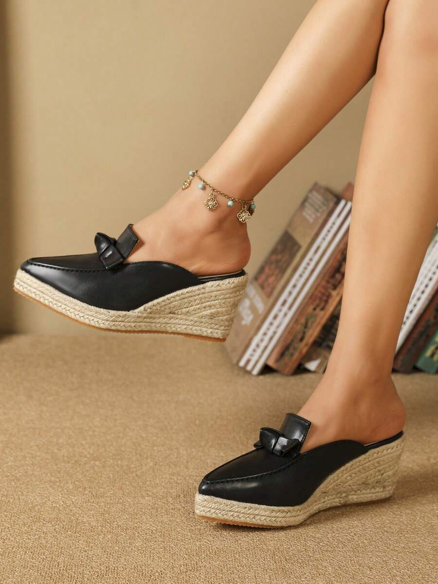 女士蝴蝶結裝飾編織度假黑色淺口坡跟鞋 - 黑色 - 查看 1