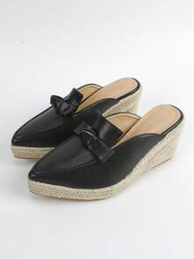 女士蝴蝶結裝飾編織度假黑色淺口坡跟鞋 - 黑色 - 查看 2