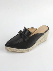 女士蝴蝶結裝飾編織度假黑色淺口坡跟鞋 - 黑色 - 查看 4