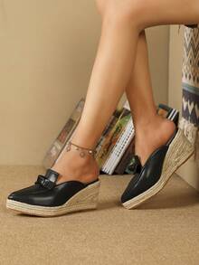 女士蝴蝶結裝飾編織度假黑色淺口坡跟鞋 - 黑色 - 查看 5