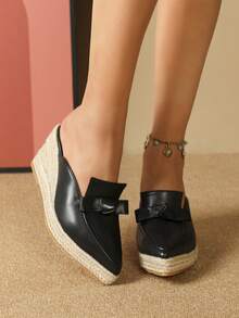 女士蝴蝶結裝飾編織度假黑色淺口坡跟鞋 - 黑色 - 查看 6