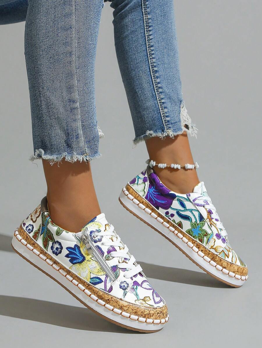 女士花卉圖案前綁帶度假戶外牛津平底鞋