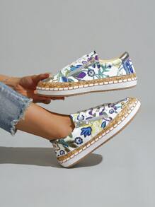 女士花卉圖案前綁帶度假戶外牛津平底鞋