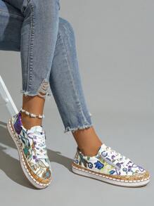 女士花卉圖案前綁帶度假戶外牛津平底鞋