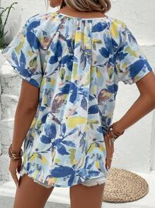 SHEIN VCAY Áo sơ mi nữ Thắt nơ trước Thực vật Tất cả trên in Boho - Màu xanh lam - Xem 2
