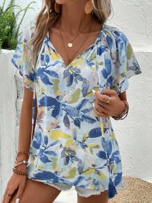 SHEIN VCAY Áo sơ mi nữ Thắt nơ trước Thực vật Tất cả trên in Boho - Màu xanh lam - Xem 3