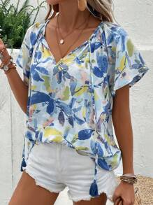SHEIN VCAY Áo sơ mi nữ Thắt nơ trước Thực vật Tất cả trên in Boho - Màu xanh lam - Xem 4